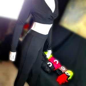 2-Piece Body-Fit Top/Bottom Embedded Stripe Body Suit- Medium/Black